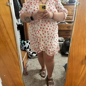 Cute white wrap dress with orange polka dots